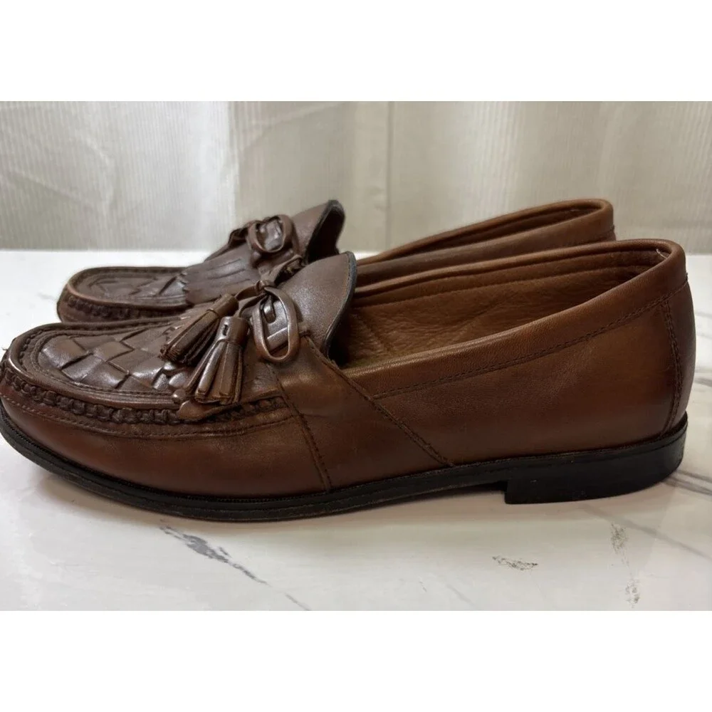 Johnston & Murphy Men’s Halsey Kiltie Tassel Brown Woven Leather Loafers 10M